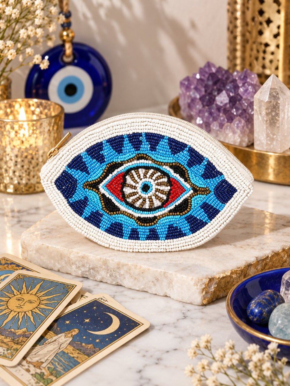 Evil Eye Protection Symbol Silver Sparkle Beaded LG Storage Coin Money Pouch NEW